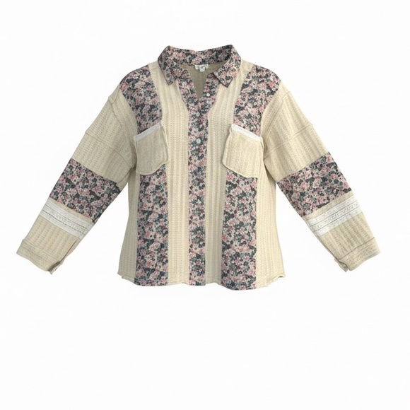 POL Sweaters - POL Floral Knit Shirt with Pink and Cream Accents
